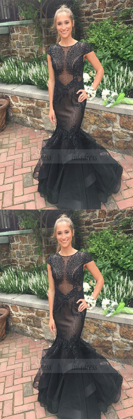 Luxury Mermaid Prom Dress ,Beaded Cap Sleeves Evening Dresses, Long Formal  Party Gowns