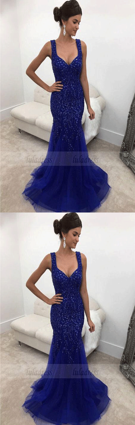 Backless Long Crystal Beaded Mermaid Prom Dresses