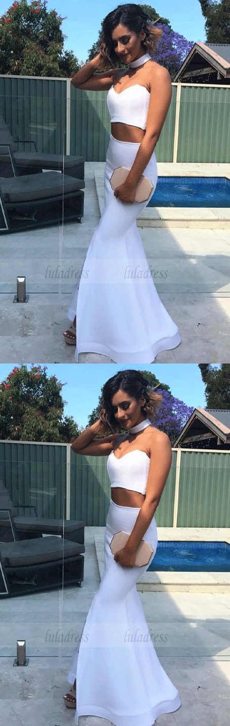 Sexy Two Piece White Mermaid Long Prom Dress Evening Dress