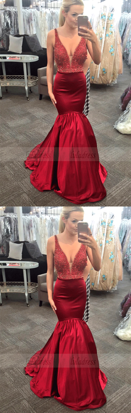 Elegant V-neck Mermaid Red Long Prom Dress Evening Dress