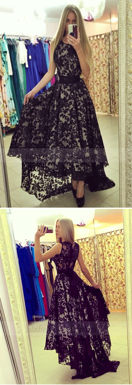 High Low Lace Prom Dress,Black Prom Dresses