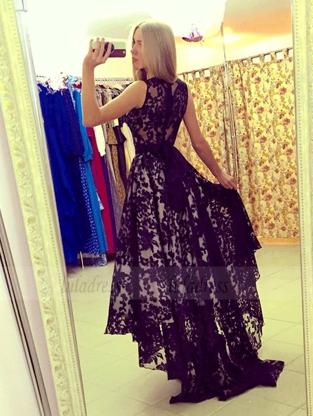 High Low Lace Prom Dress,Black Prom Dresses