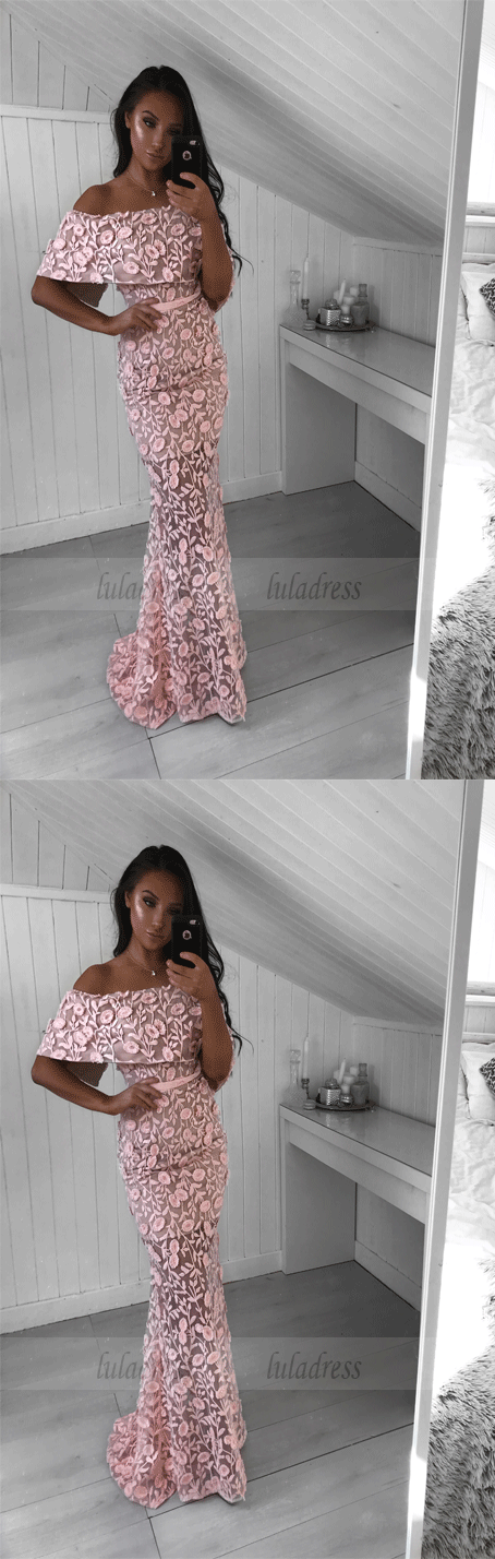 Mermaid Off-the-Shoulder Sweep Train Pink Lace Prom Dress with Ruffles