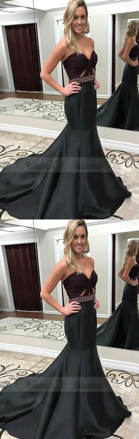 Mermaid Sweetheart Sweep Train Black Prom Dress with Beading