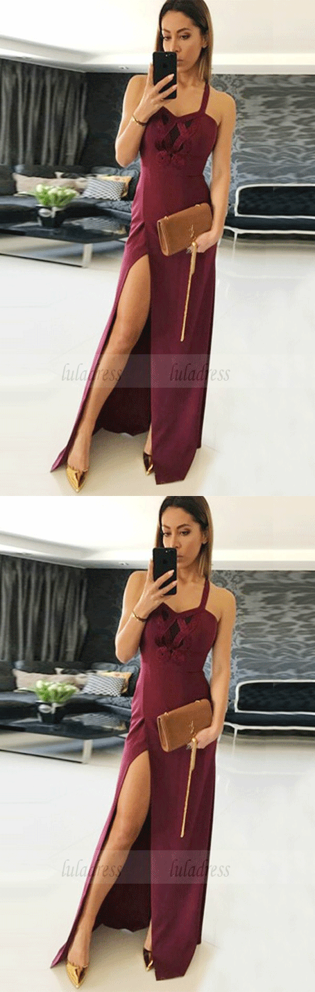 A-Line Straps Floor-Length Burgundy Prom Dress with Lace Split-Front