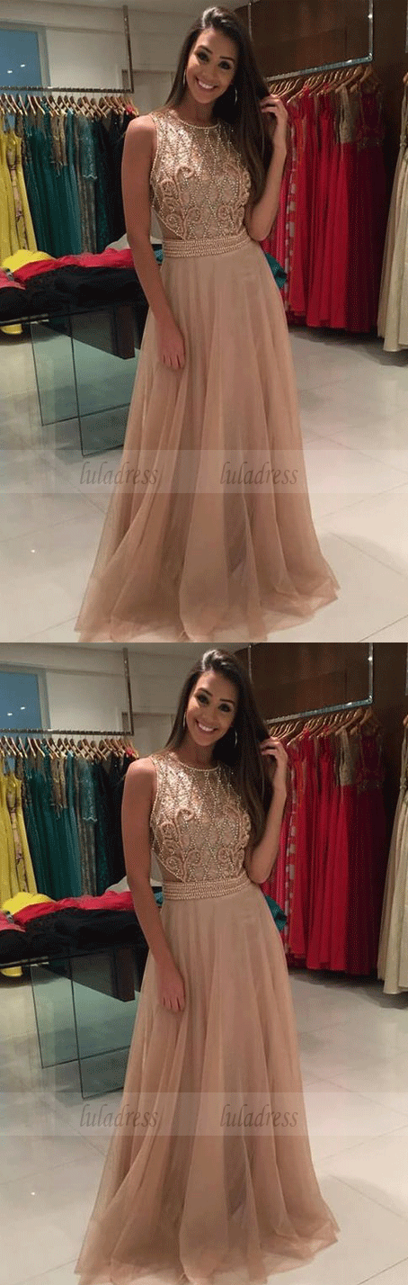 A-Line Jewel Sweep Train Beading Prom Dress with Illusion Back