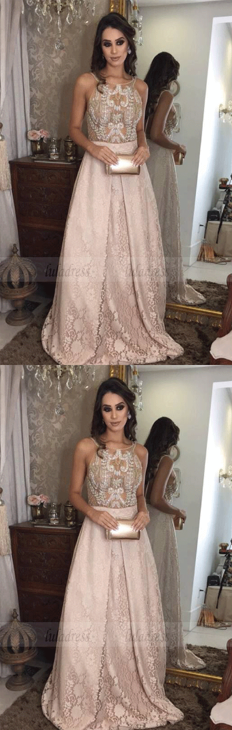 A-Line Round Neck Backless Sweep Train Prom Dress with Beading Sequins