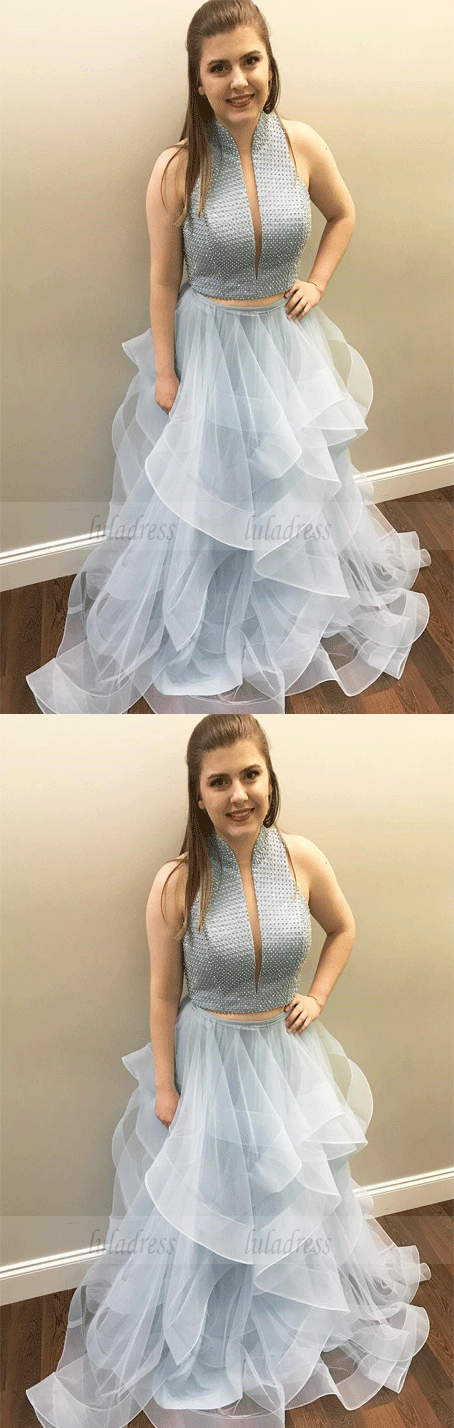 Two Piece High Neck Prom Dress with Beading