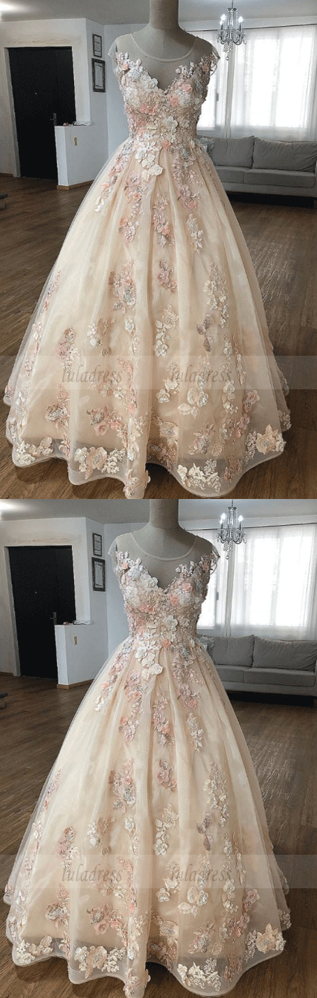 Lace Applique Tulle Long Prom Dress