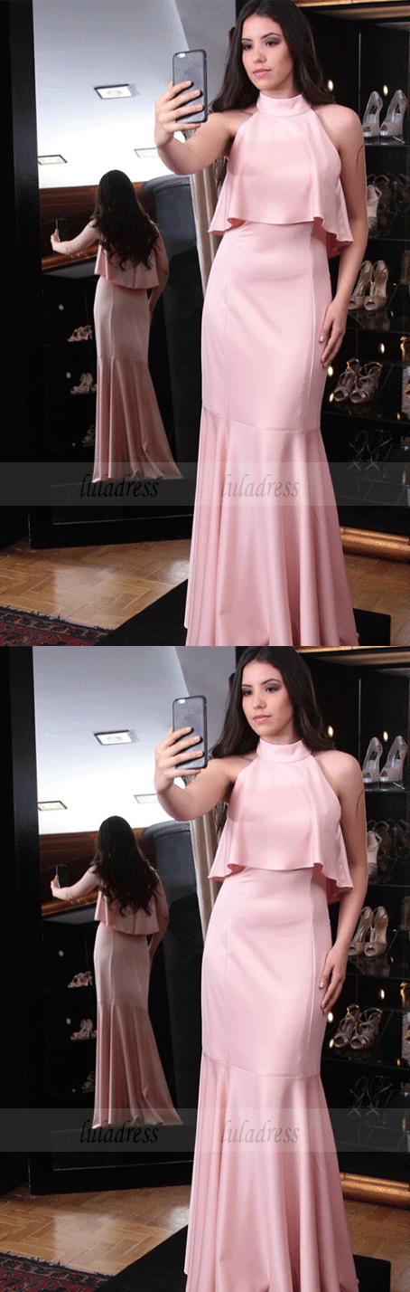 Mermaid High Neck Sweep Train Satin Prom Dress with Ruffles