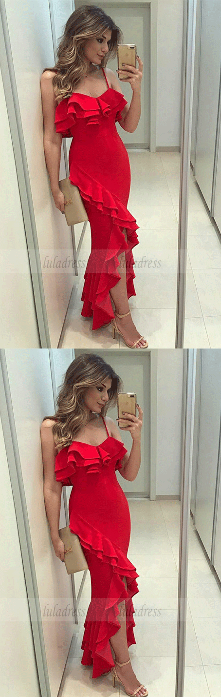 V Neck Ruffled Red High Low Prom Dresses