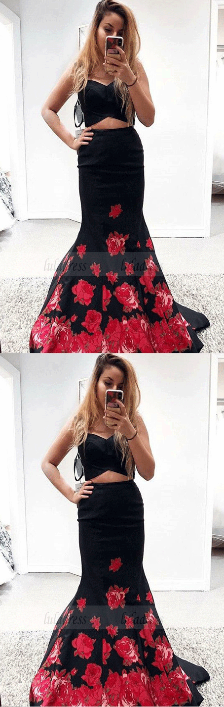 Mermaid Two Piece Sweetheart Print Floral Prom Dresses