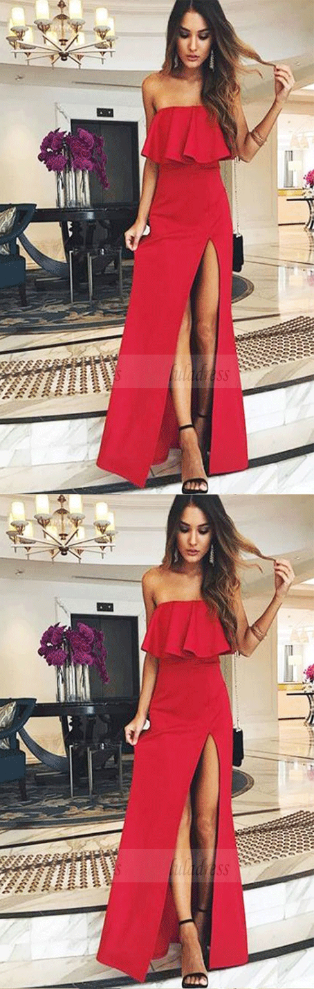 Sheath Sweetheart Ruffled Neck Split Red Long Prom Dresses