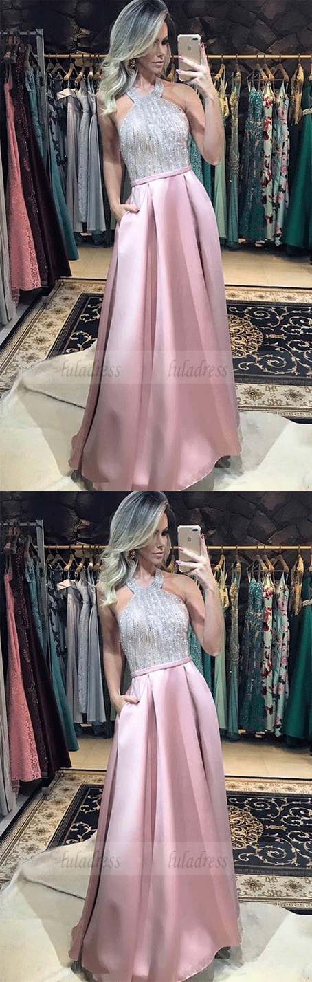 A-Line Halter Prom Dresses with Beading