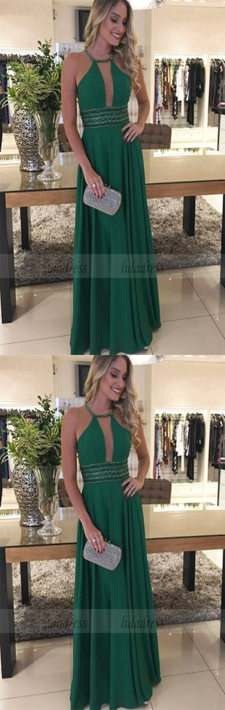 A Line Halter Cross Back Long Prom Dresses with Beading