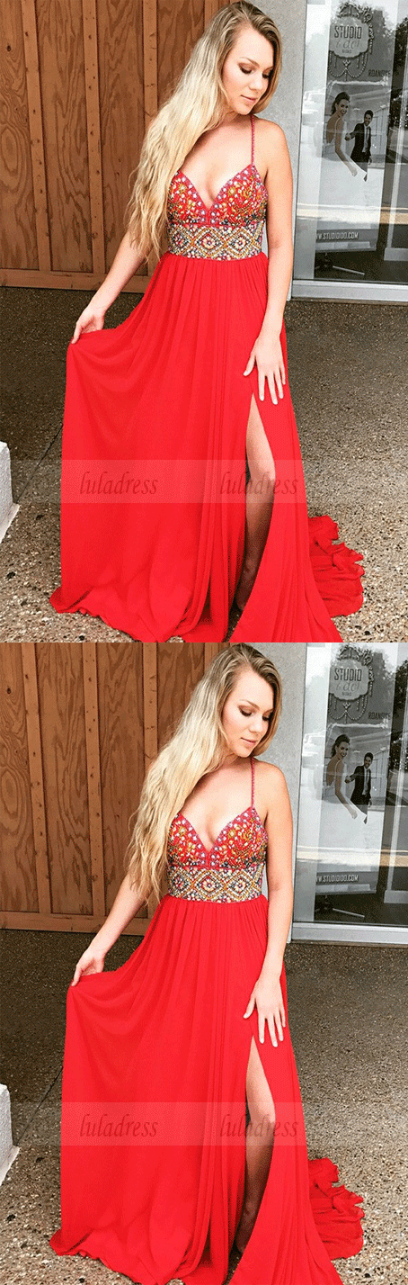 A-Line Spaghetti Straps Sweep Train Red Prom Dress with Beading
