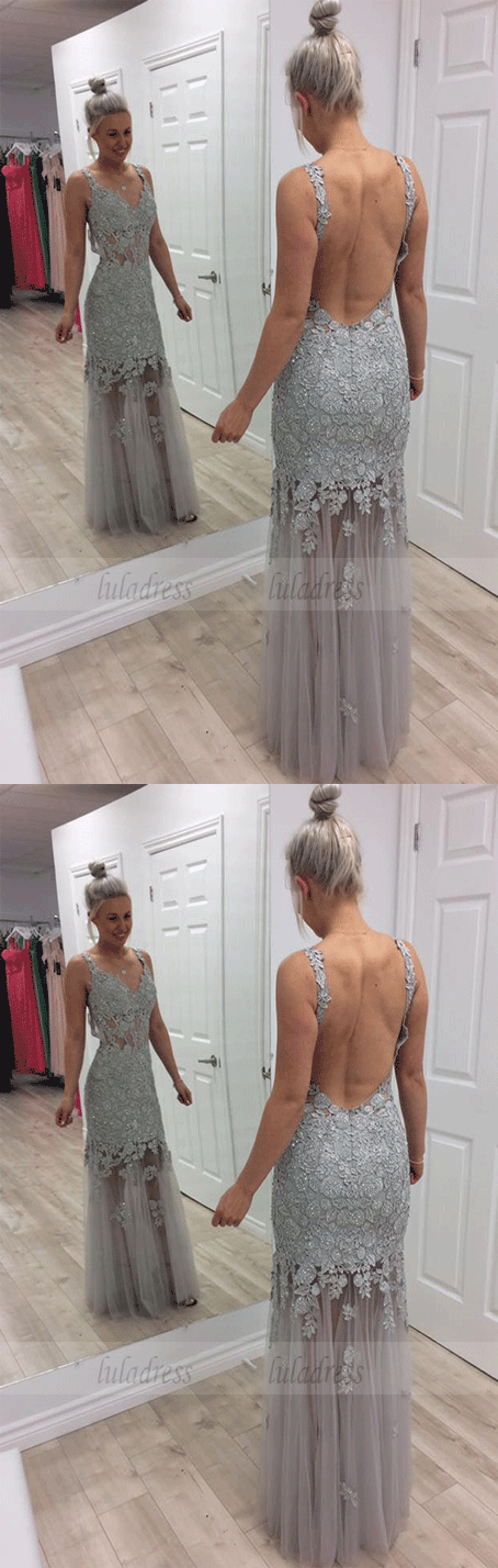 Backless Prom Dresses, Lace Tulle Prom Dresses