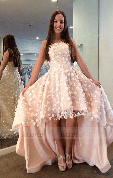 pink strapless high low dress Ava Presley 40055 Pink High Low Strapless Ruffle Dress
