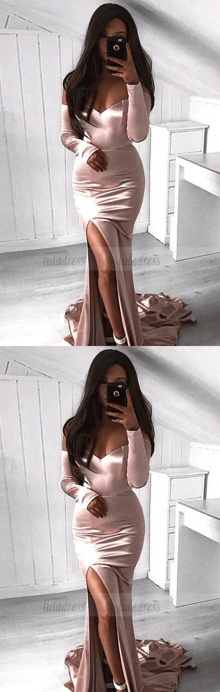 Mermaid Off-the-Shoulder Long Sleeves Blush Prom Dress with Split