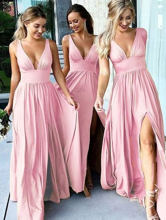 Backless Beach V-Neck Long Gold Bridesmaid Dresses Slit Side Backless Beach V-Neck Long Gold Bridesmaid Dresses Slit Side