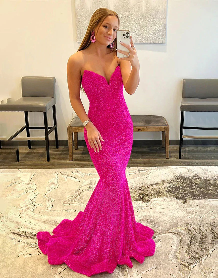 Pink Sweetheart Sweep Sequin Train Mermaid Tight Prom Dresses Custom Color / US0 Pink Sweetheart Sweep Sequin Train Mermaid Tight Prom Dresses Custom Color / US0