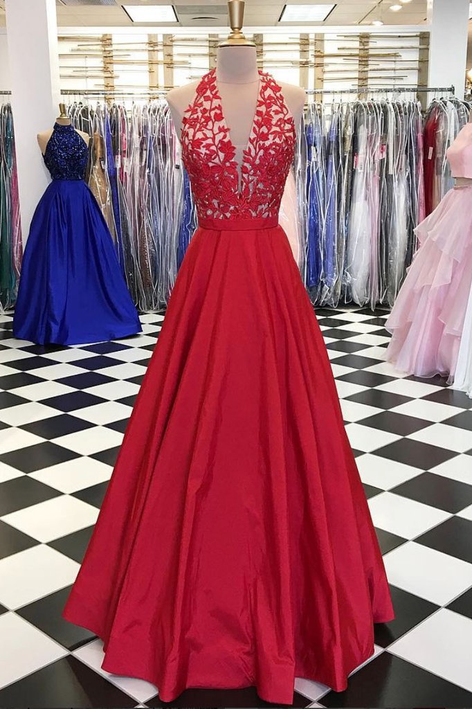 cute dresses red Red V-neck Tulle Lace Applique Long Prom Dress, Red Evening Dress – luladress