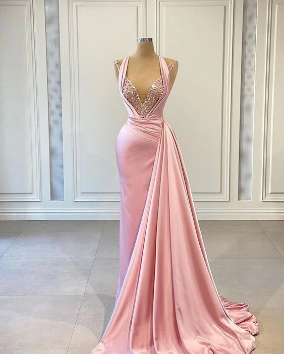 Mermaid V-Neck Pink Sexy evening gown Prom Dresses luladress Mermaid V-Neck Pink Sexy evening gown Prom Dresses luladress