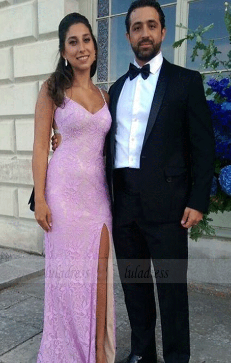 Lace Long Prom Dresses,Sheath Evening Dresses High Slit Sexy Party Formal Gowns