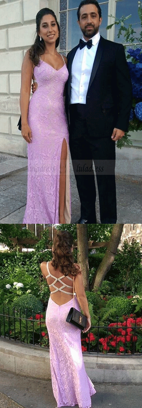 Lace Long Prom Dresses,Sheath Evening Dresses High Slit Sexy Party Formal Gowns