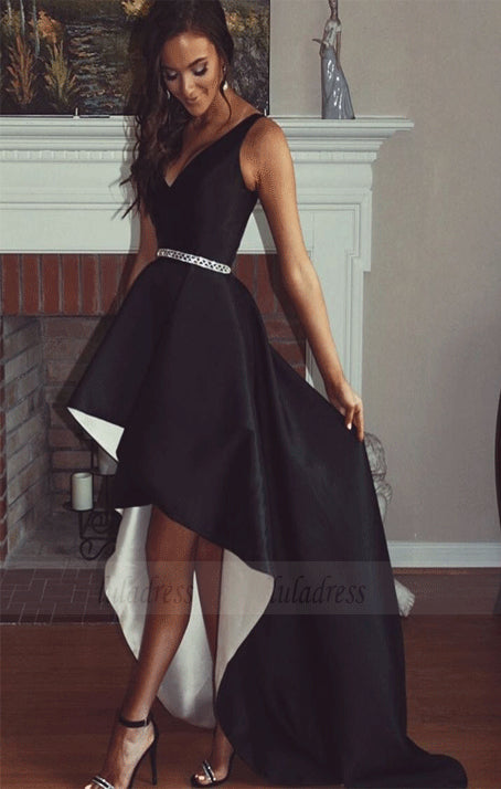 V Neck Party Dresses Beaded Waist Evening Dresses with Side Pockets