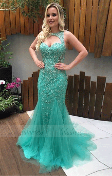 Gorgeous Jewel Keyhole Open Back Prom Dresses Long Mermaid Sweep Train Turquoise Sexy Party Dresses
