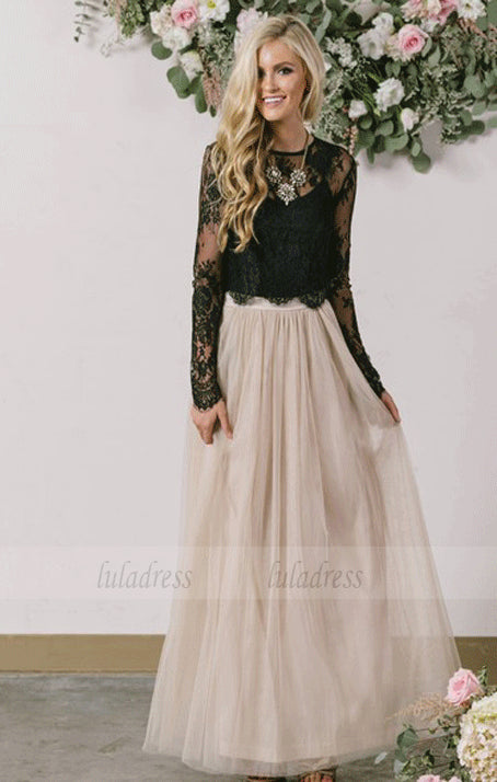 Two Pieces Party Dresses Lace Tulle Evening Dresses Floor Length Formal Gowns