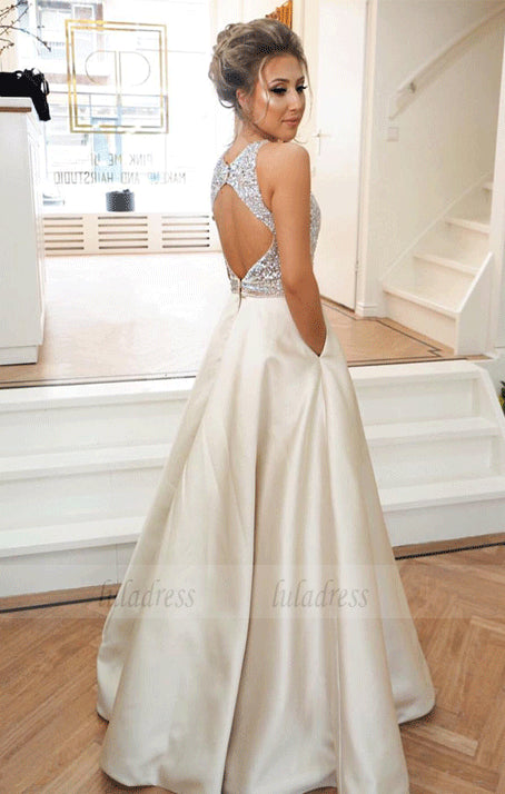 Long Beaded-Bodice Prom Dress Satin Prom Dresses with Pockets
