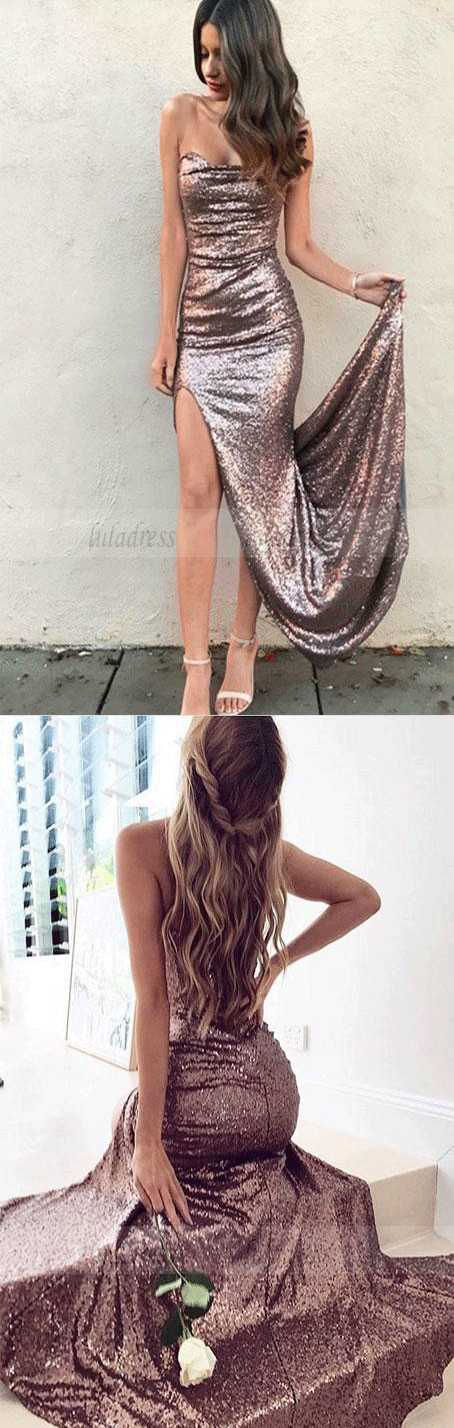 Strapless Split Side Sequined Prom Dresses Evening Gowns
