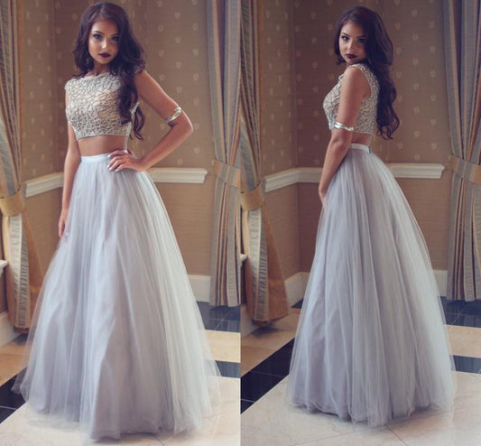 two pieces Prom Dresses,gray prom dress,short sleeves prom Dress,formal prom dress,charming evening gown