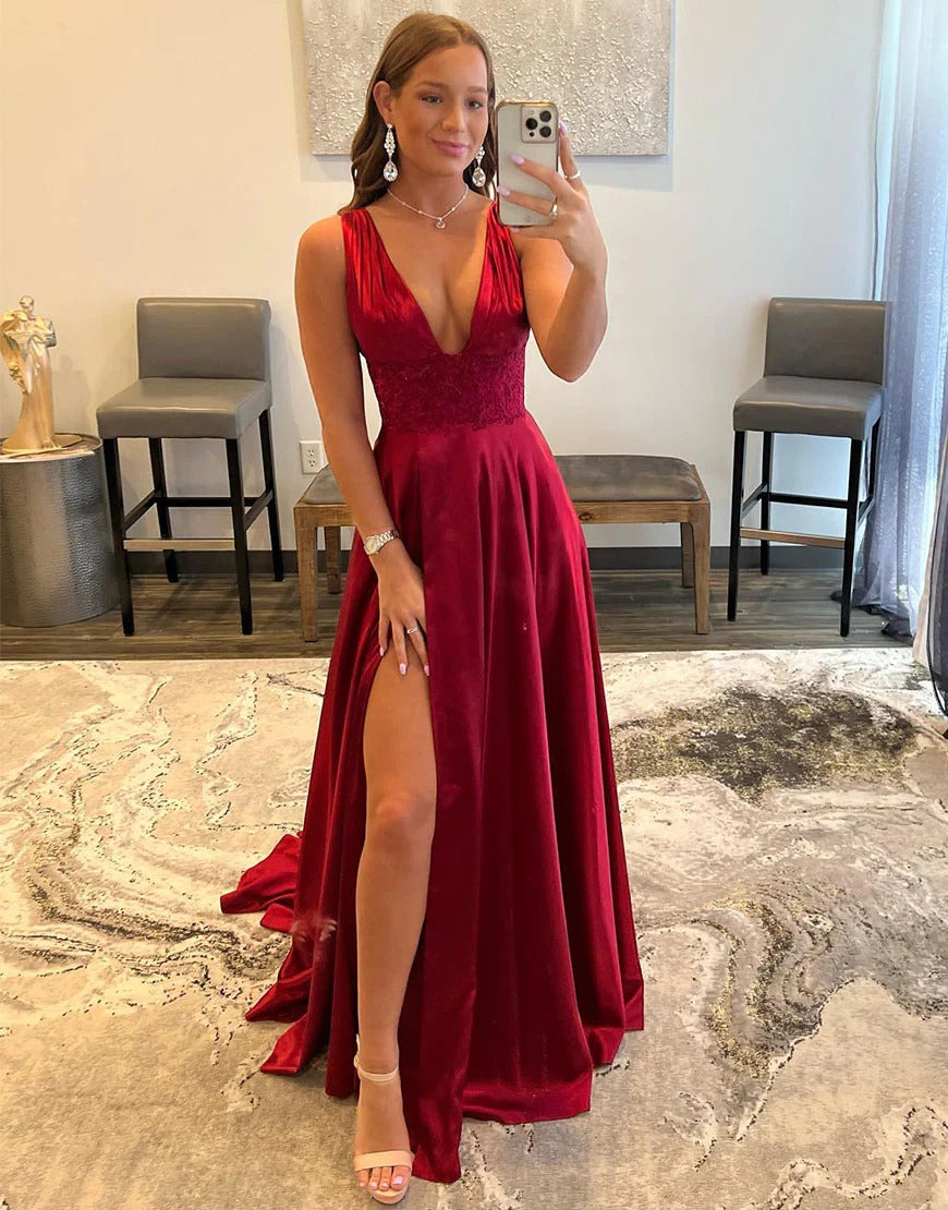 Previous Next product Deep V-neck Long Dark Red Prom Dresses,B – luladress