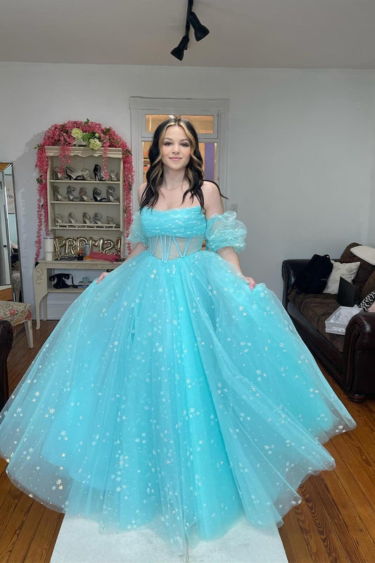 A Line Sparkly Blue Tulle Long Sweetheart Prom Dresses: A Dreamy Choice for Your Special Night