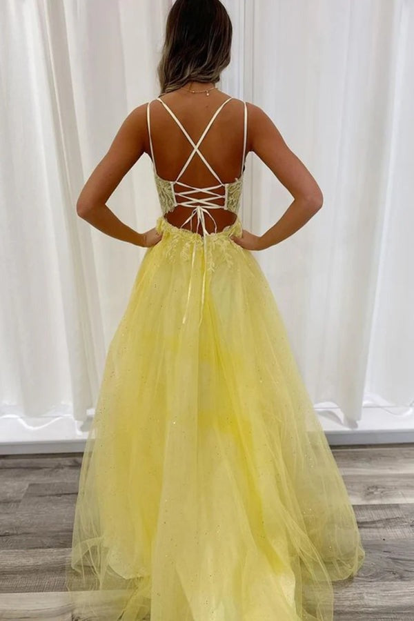 backless yellow prom dress Zapaka Women Mermaid Prom Dress Yellow Spaghetti Straps Backless Formal Dress with Appliques, Yellow / US12
