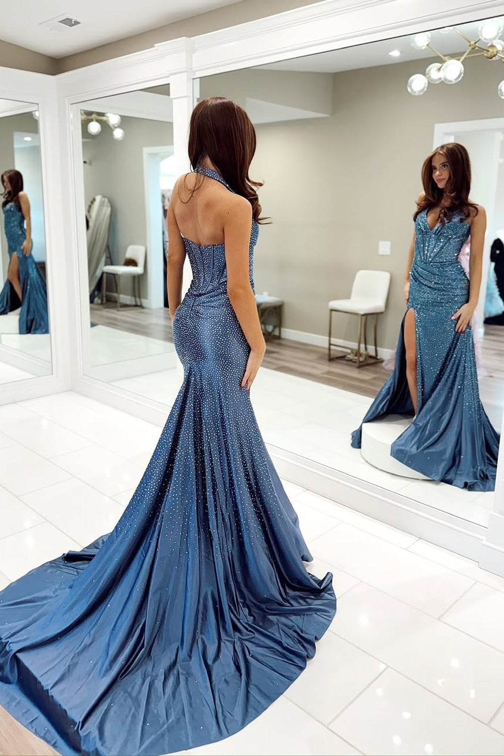Mermaid Halter Navy Satin Beads Long Prom Dresses
