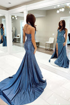 Mermaid Halter Navy Satin Beads Long Prom Dresses