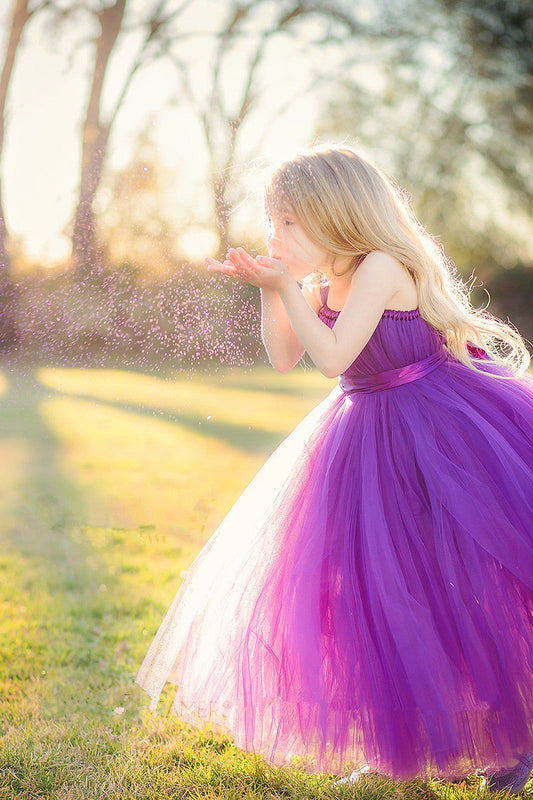 Popular Floor Length Tulle Cute Strapless Purple Long Flower Girl Dresses