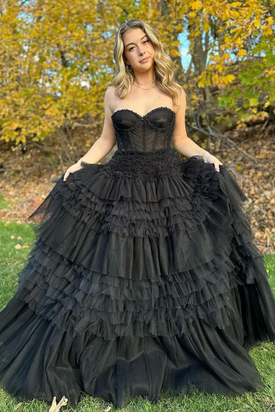 Black Tiered Tulle Long Sweetheart Prom Dresses,BD93095