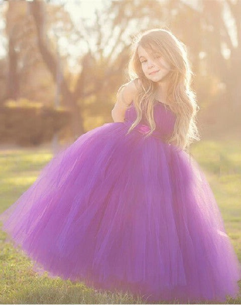 Popular Floor Length Tulle Cute Strapless Purple Long Flower Girl Dresses