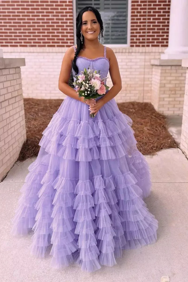 Lilac Sweetheart Ruffle Tulle A-Line Long Prom Dresses luladress Lilac Sweetheart Ruffle Tulle A-Line Long Prom Dresses luladress