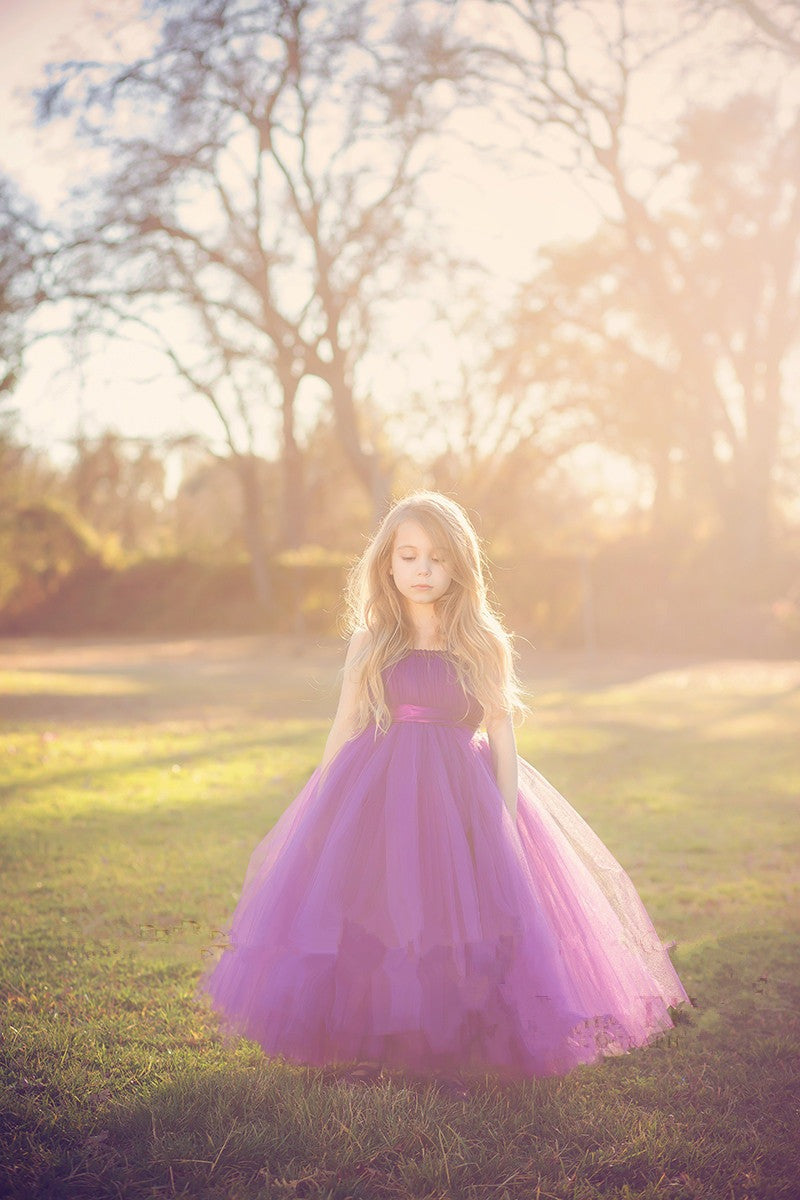 Popular Floor Length Tulle Cute Strapless Purple Long Flower Girl Dresses
