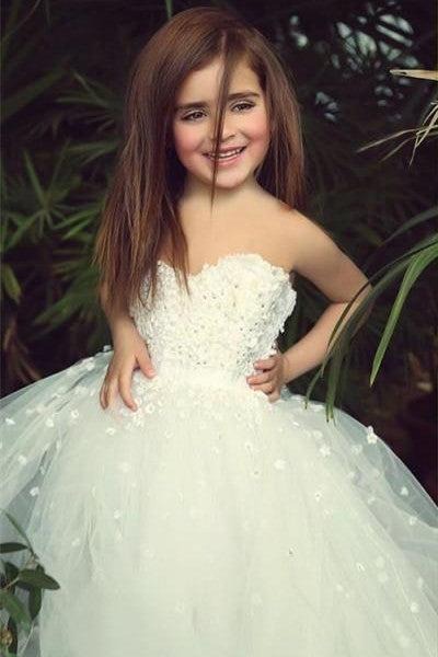 White Sweetheart Lace Flower Girl Dress A-Line Tulle Long Sleeveless Dress