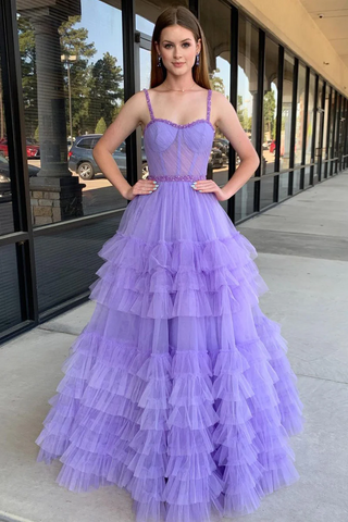 Lilac Sweetheart Ruffle Tulle A-Line Long Prom Dresses ,BD93343