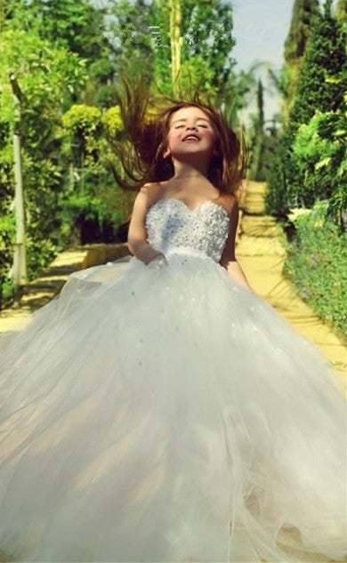 White Sweetheart Lace Flower Girl Dress A-Line Tulle Long Sleeveless Dress