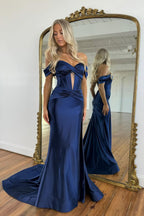 Mermaid Off the Shoulder Keyhole Navy Blue Satin Long Prom Dresses