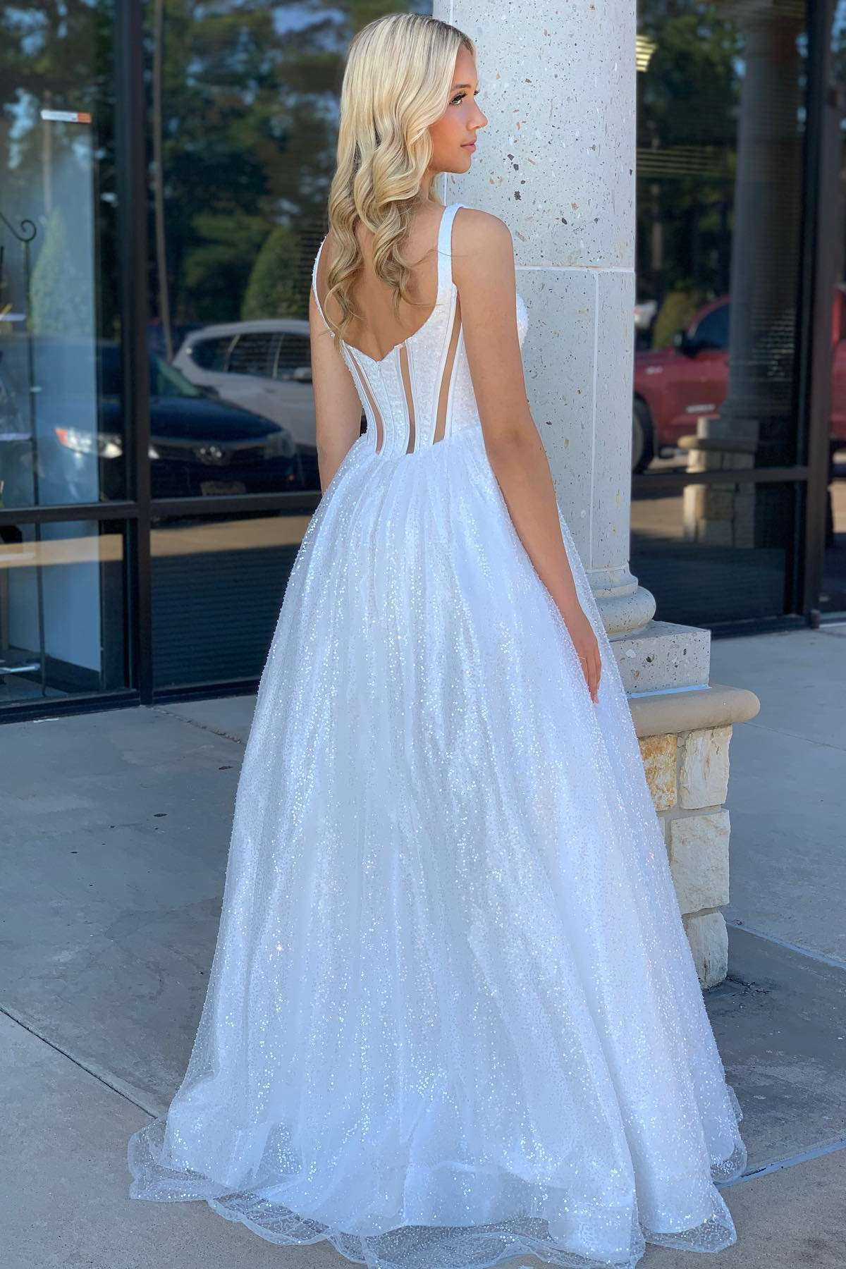 square neck sequin prom dress Square Neck White Sequin A-Line Prom Dress FancyVestido